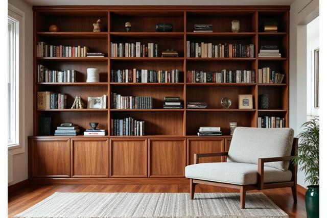Ingebouwde houten boekenkast over de volledige muur in een woonkamer