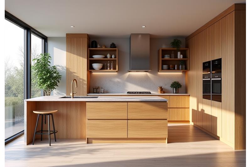 Moderne eikenhouten keuken, strak design met natuurlijke materialen.